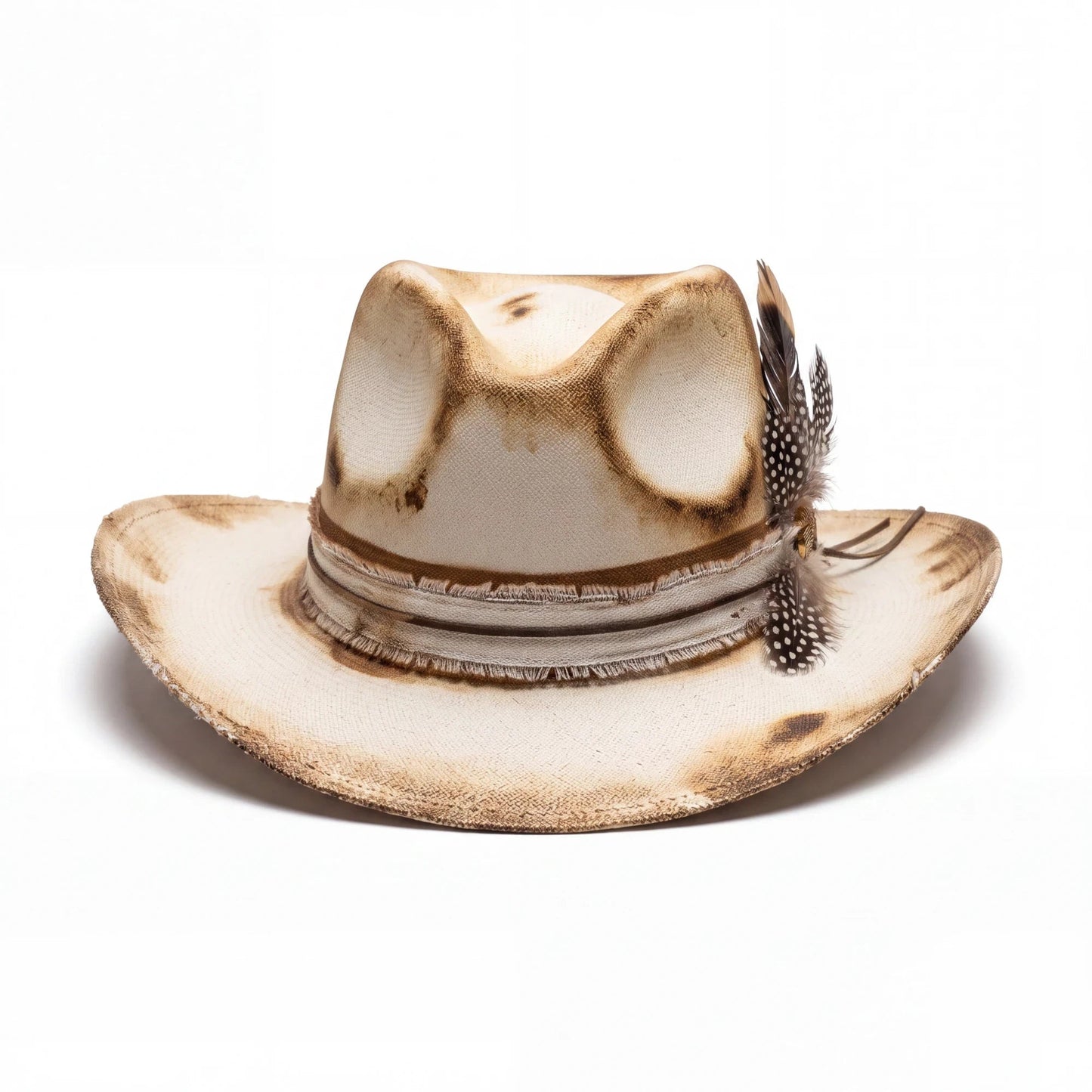 Spirit Warrior Provisions Camino sand felt hat with weathered finish, camel leather band, and decorative feathers.