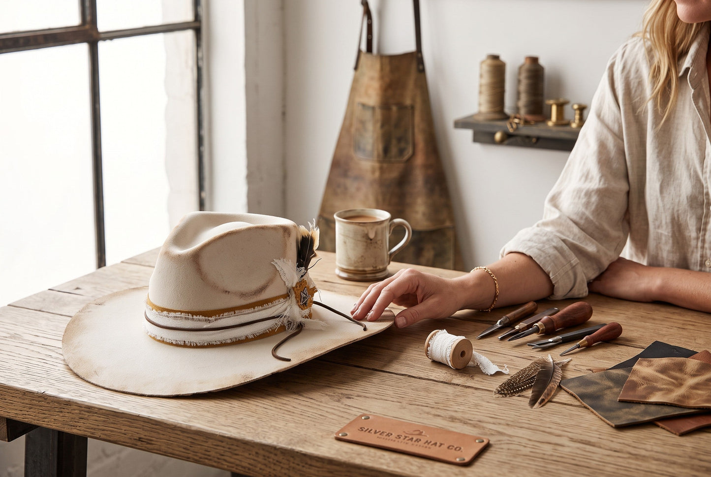 Spirit Warrior Provisions Camino sand felt pinch front hat with camel leather band, white lace, and tooled concho on desk