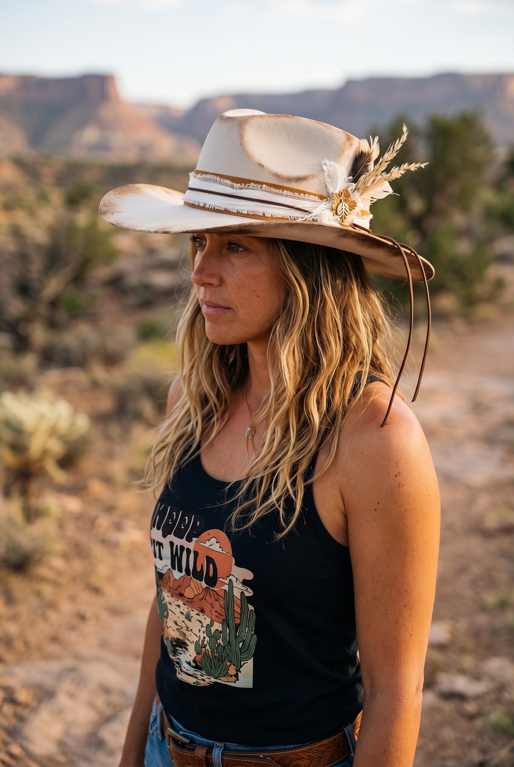 Spirit Warrior Provisions Camino sand felt hat with camel leather band, white lace, and tooled concho on a woman outdoors