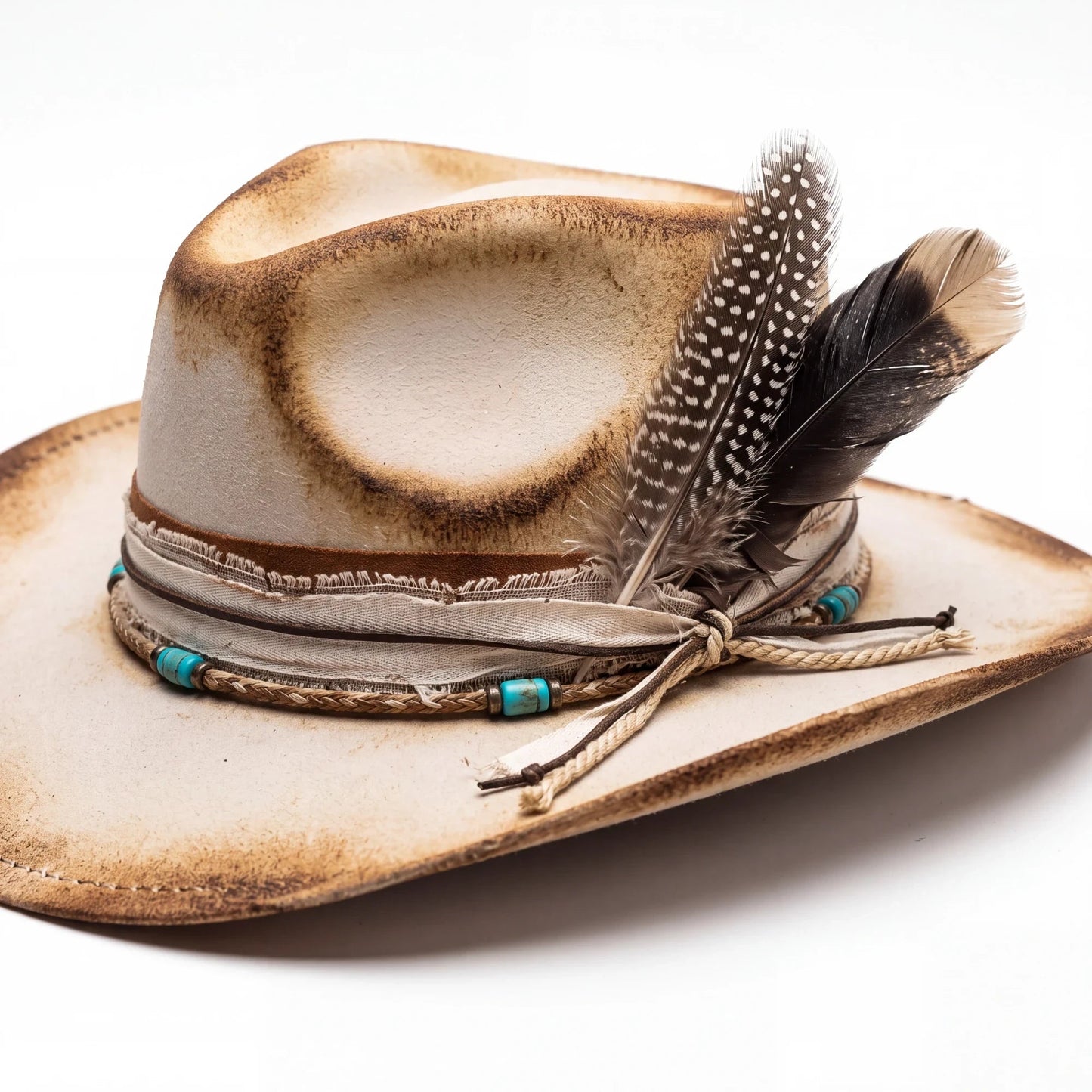 Spirit Warrior Provisions Camino sand felt hat with weathered finish, feather accents, and turquoise bead detailing.