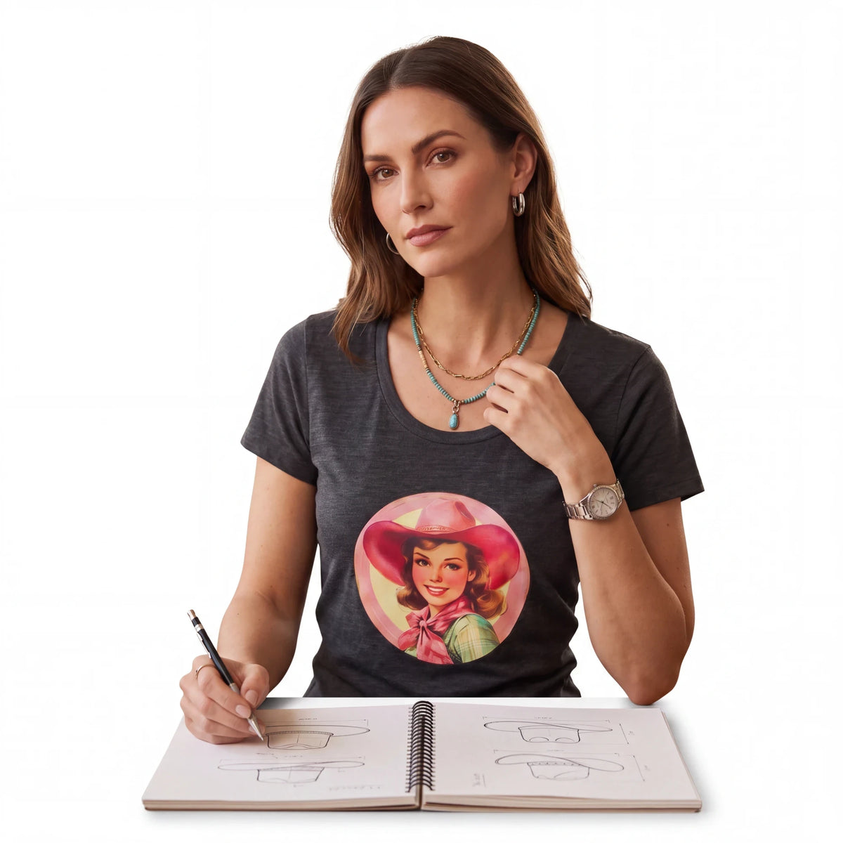 Spirit Warrior Provisions charcoal grey cotton graphic tee featuring a vintage cowgirl illustration on a woman