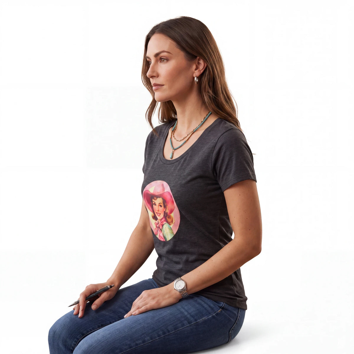 Spirit Warrior Provisions charcoal grey cotton graphic tee featuring a vintage cowgirl illustration on a woman