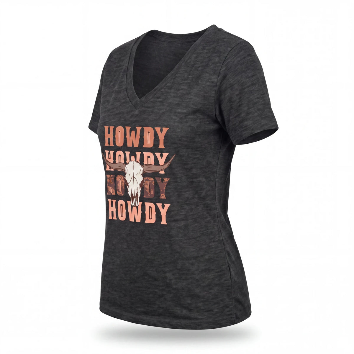 Spirit Warrior Provisions charcoal grey V-neck cotton T-shirt featuring a rustic Howdy cowgirl skull graphic print.