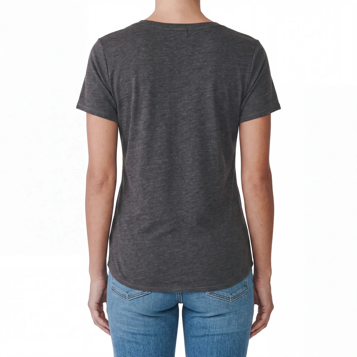 Spirit Warrior Provisions charcoal grey vintage-style cotton t-shirt worn by a woman with blue jeans, back view