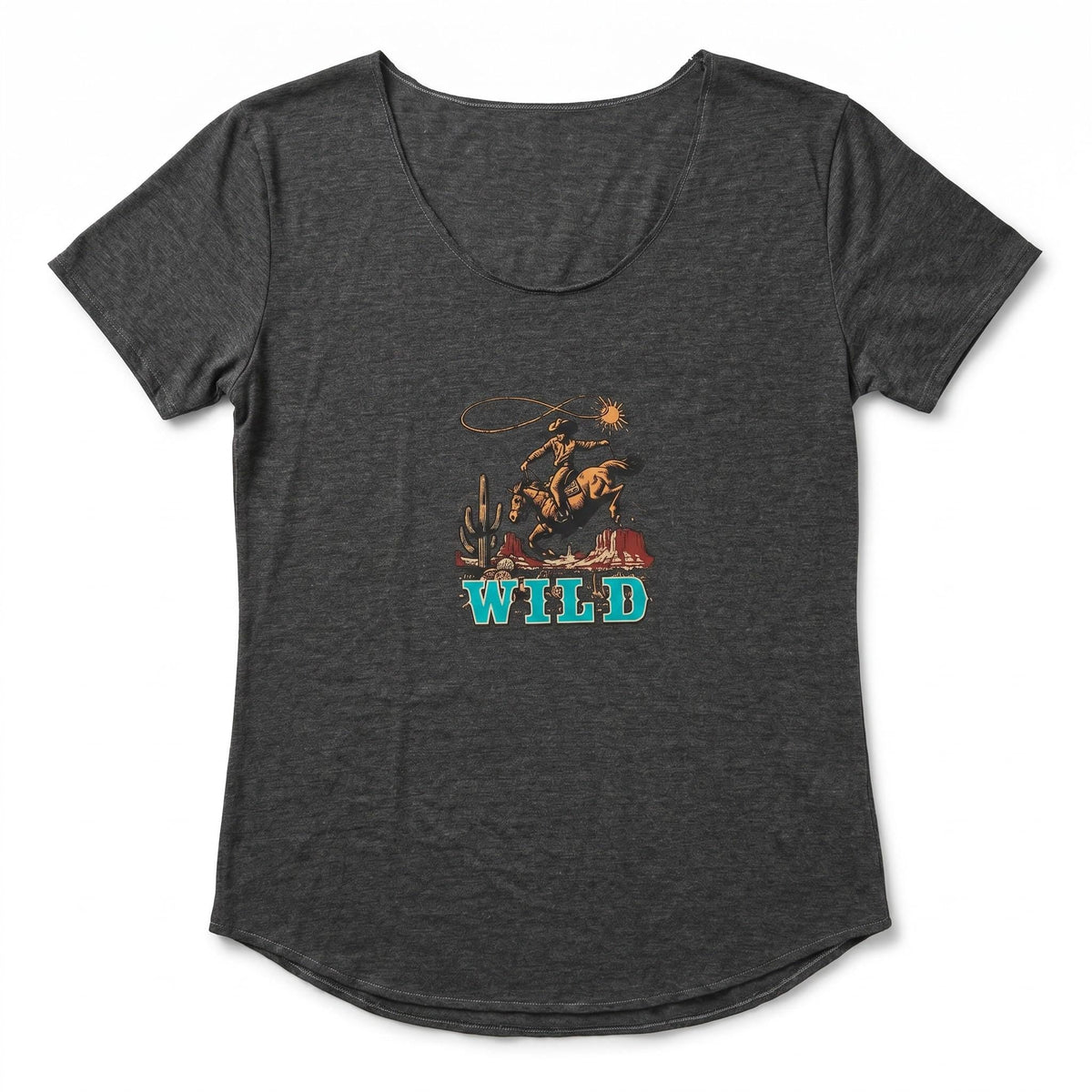 Spirit Warrior Provisions charcoal grey cotton t-shirt featuring a retro Western rodeo graphic with a cowboy and cactus