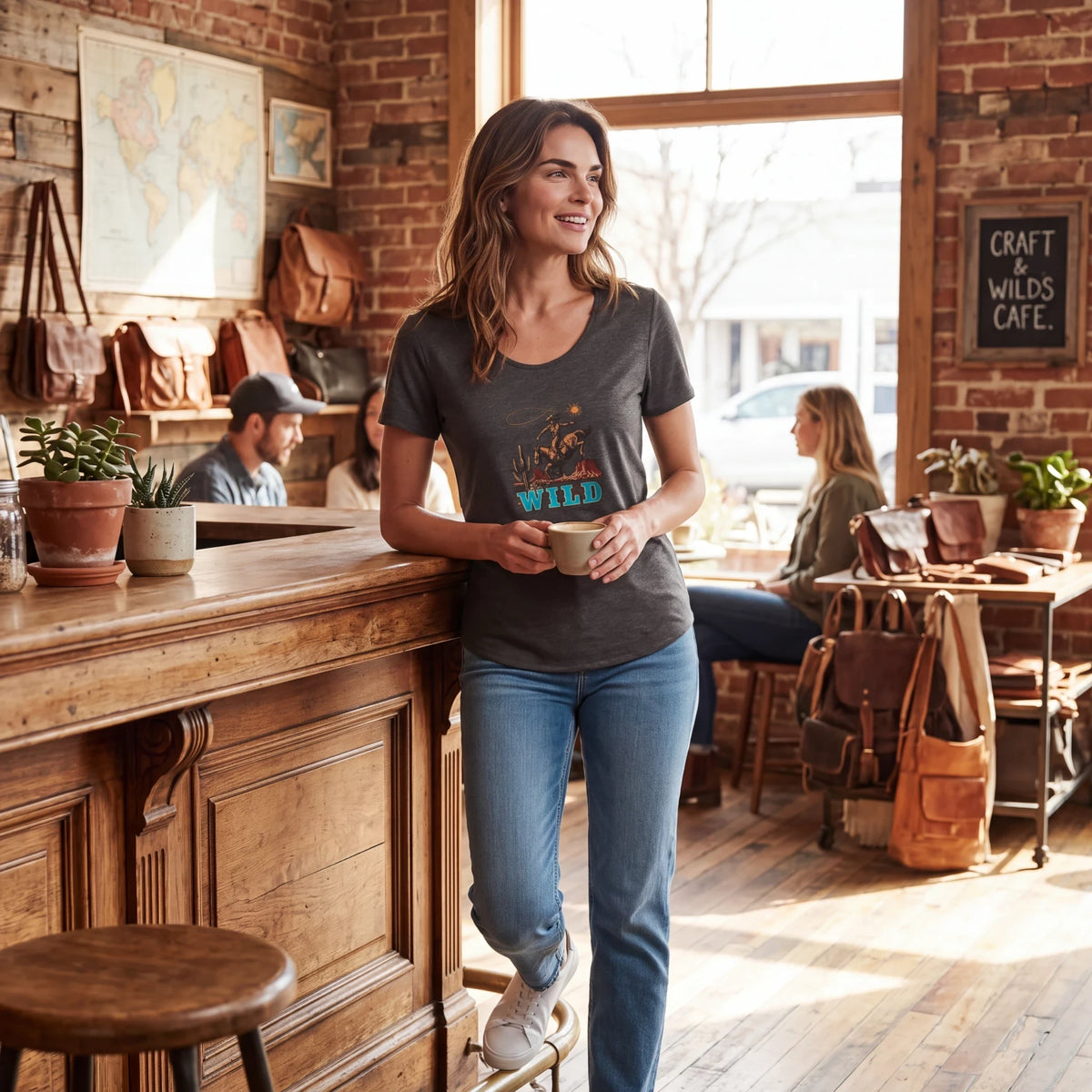 Spirit Warrior Provisions charcoal grey cotton t-shirt with retro Western rodeo graphic, worn by a woman in a cafe.