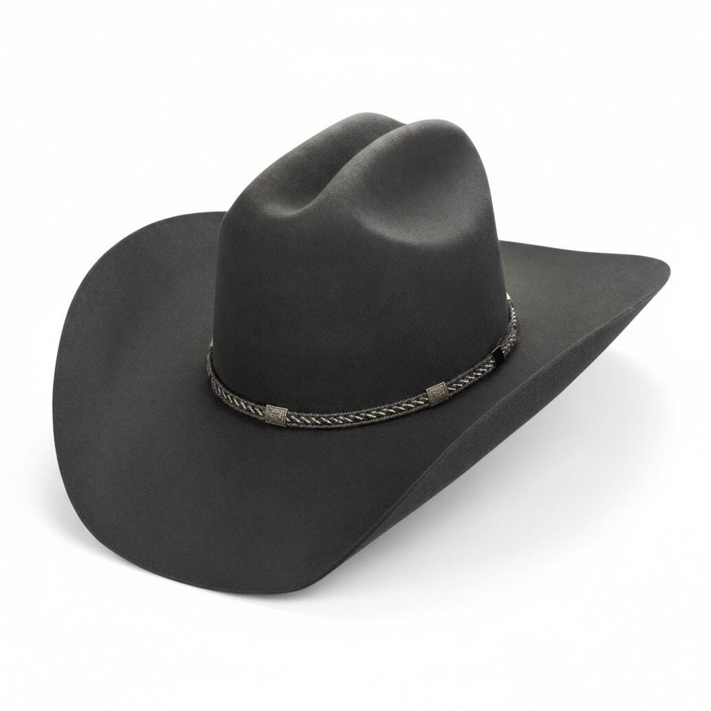 Spirit Warrior Provisions charcoal 6X wool felt Western hat with a braided leather and silver concho hatband.
