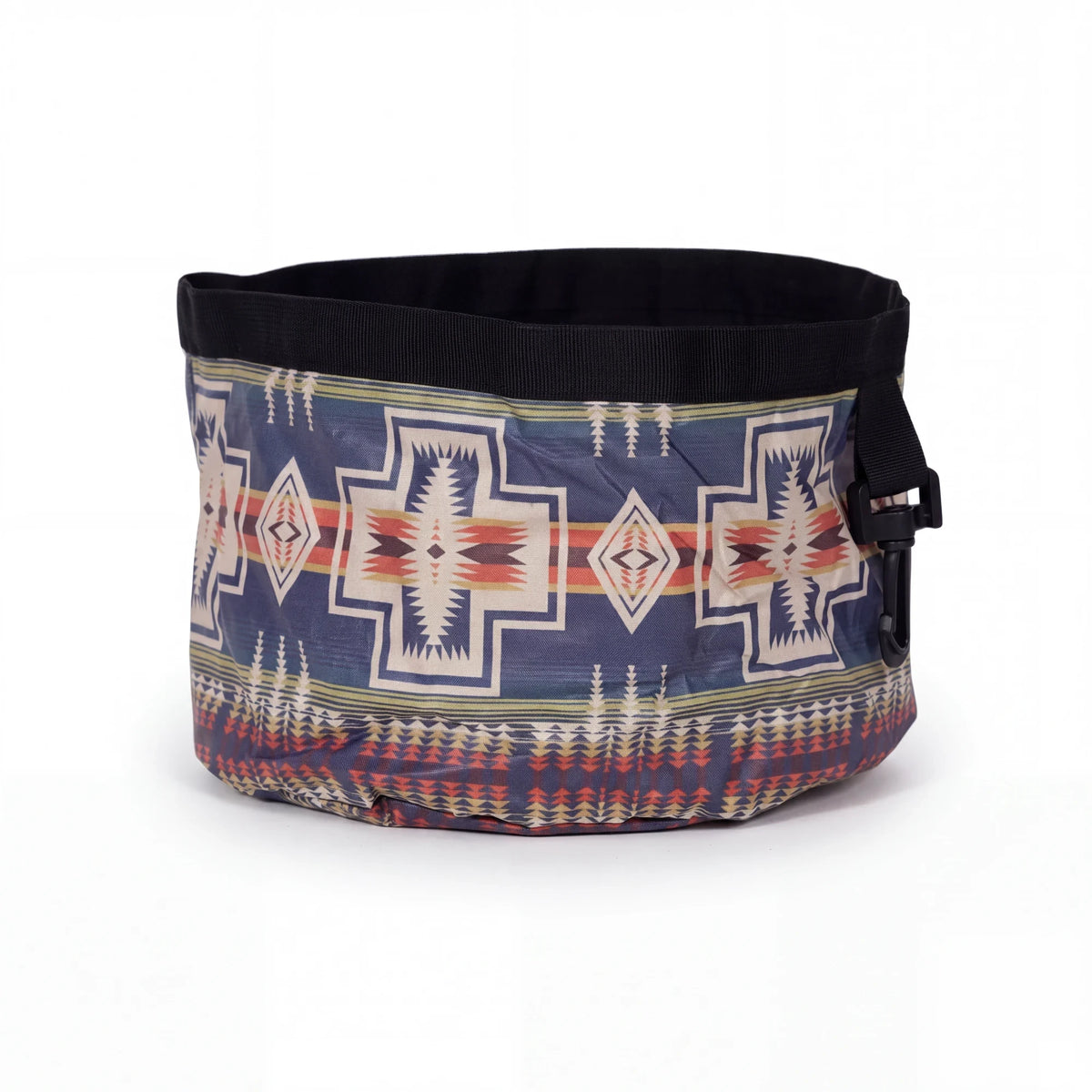 Spirit Warrior Provisions collapsible dog bowl in a blue Pendleton-style geometric pattern with a black trim.