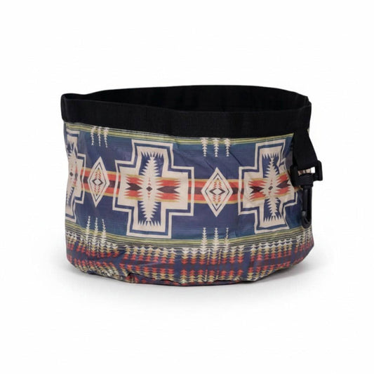 Spirit Warrior Provisions collapsible dog bowl in blue Pendleton pattern with water-resistant polyester fabric
