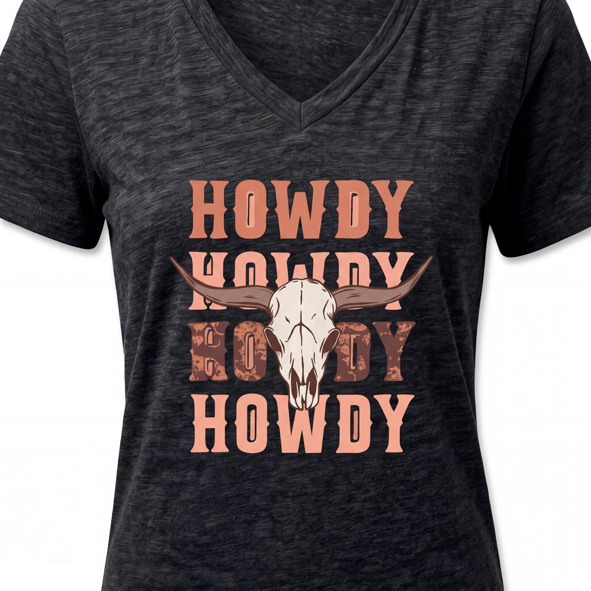 Spirit Warrior Provisions vintage-style black V-neck t-shirt featuring a rustic cow skull and Howdy graphic print.