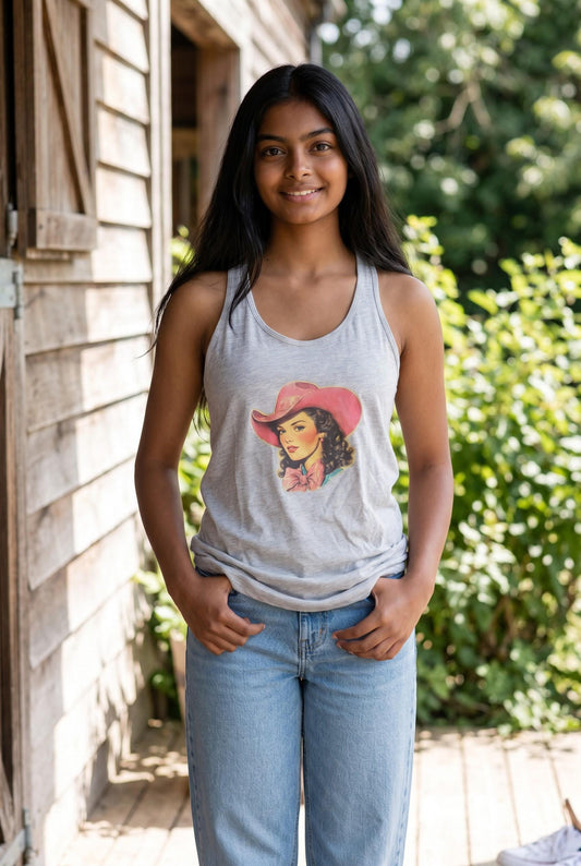 Spirit Warrior Provisions grey cotton tank top featuring a vintage cowgirl graphic worn by a smiling woman outdoors.