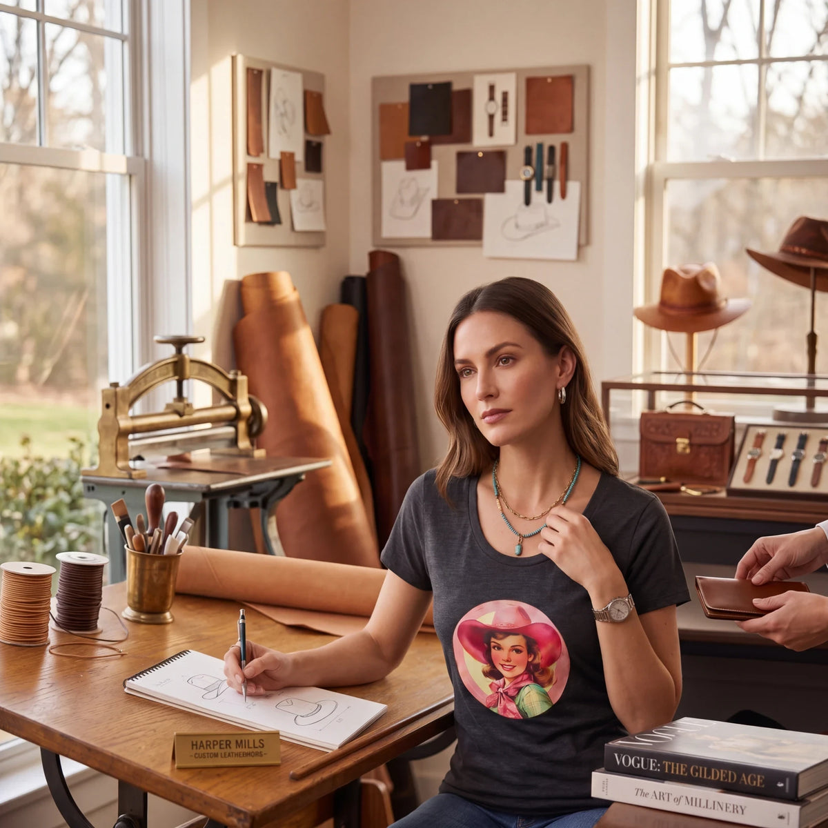 Spirit Warrior Provisions charcoal grey cotton graphic tee featuring a retro cowgirl illustration in a workshop.