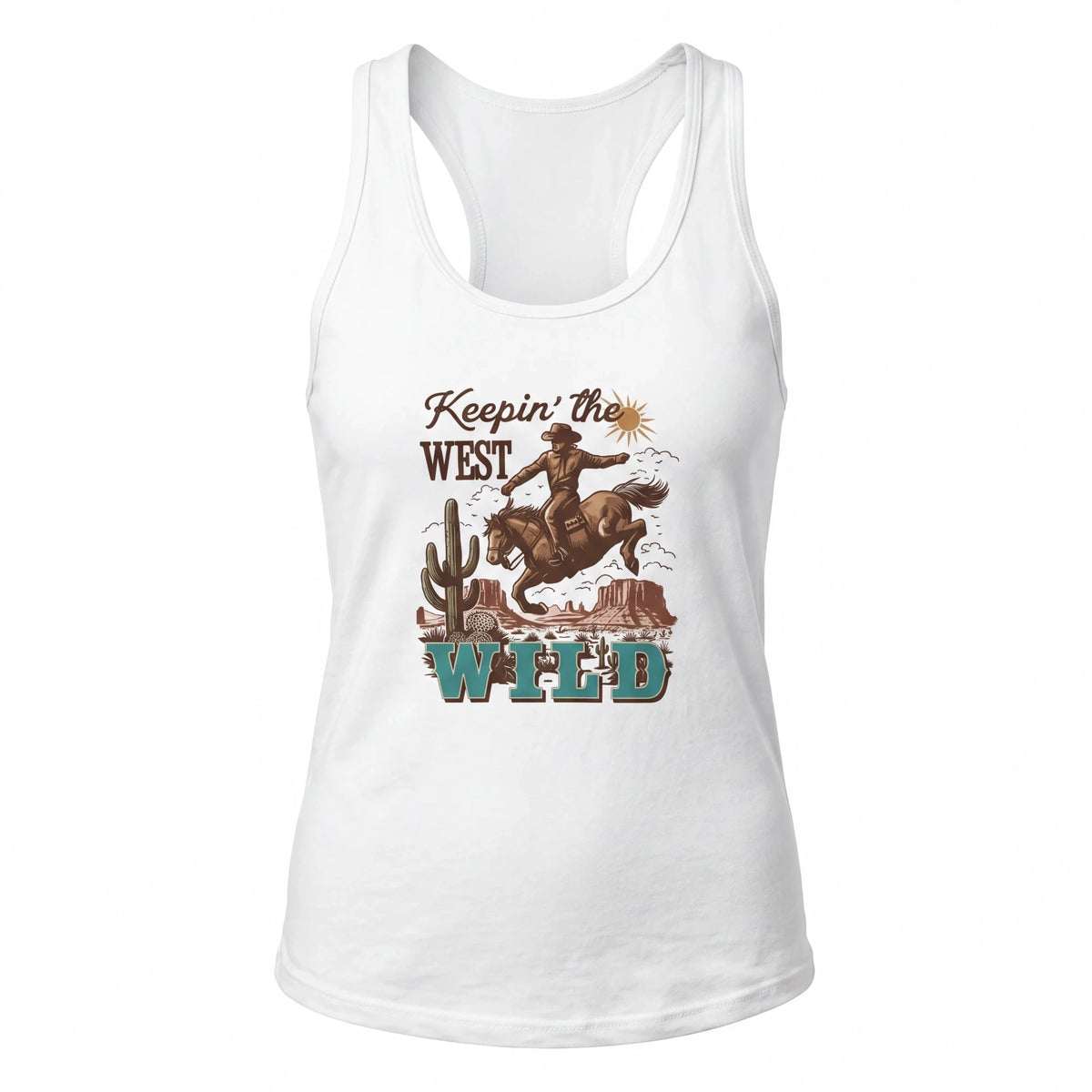 Spirit Warrior Provisions white cotton tank top featuring a vintage cowgirl rodeo desert graphic print