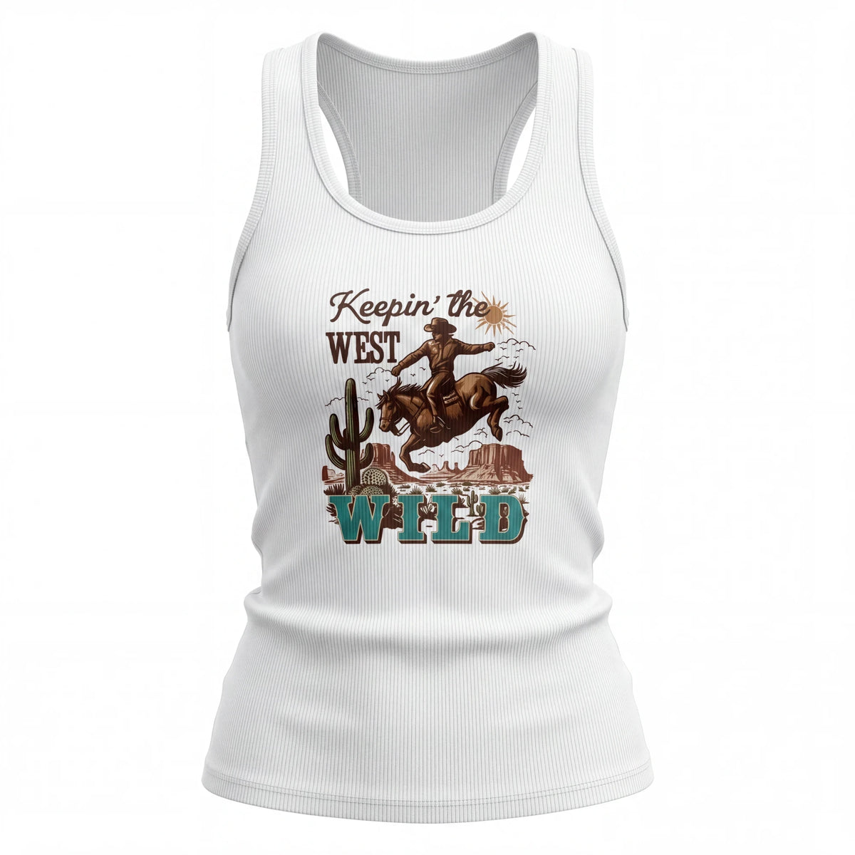 Spirit Warrior Provisions white ribbed tank top featuring a vintage cowgirl rodeo desert graphic print