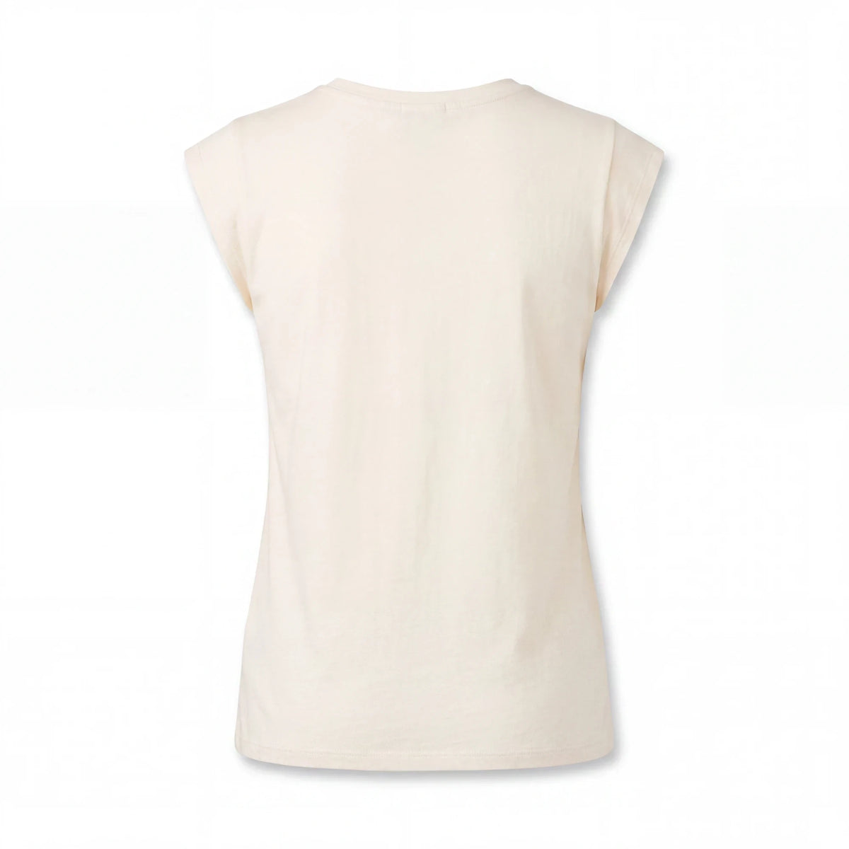Back view of a Spirit Warrior Provisions cream-colored soft cotton t-shirt with cap sleeves and a vintage fit.