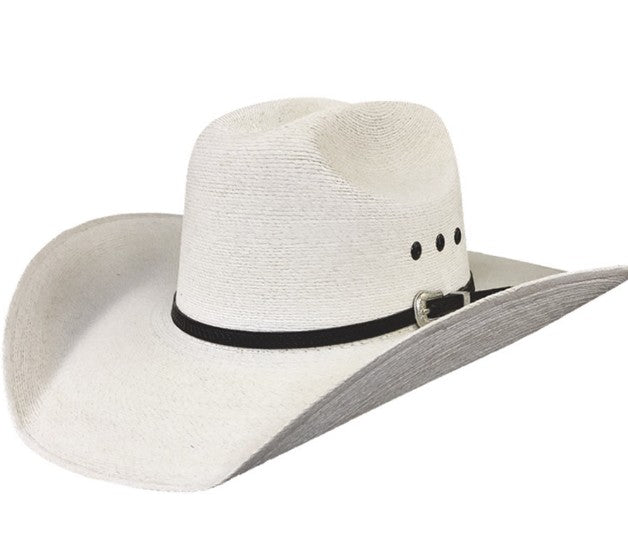 Spirit Warrior Provisions cream palm cowboy hat in cattleman style with black leather band and oval concho detail