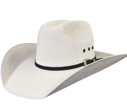 Spirit Warrior Provisions cream palm cowboy hat in cattleman style with black leather band and oval concho detail