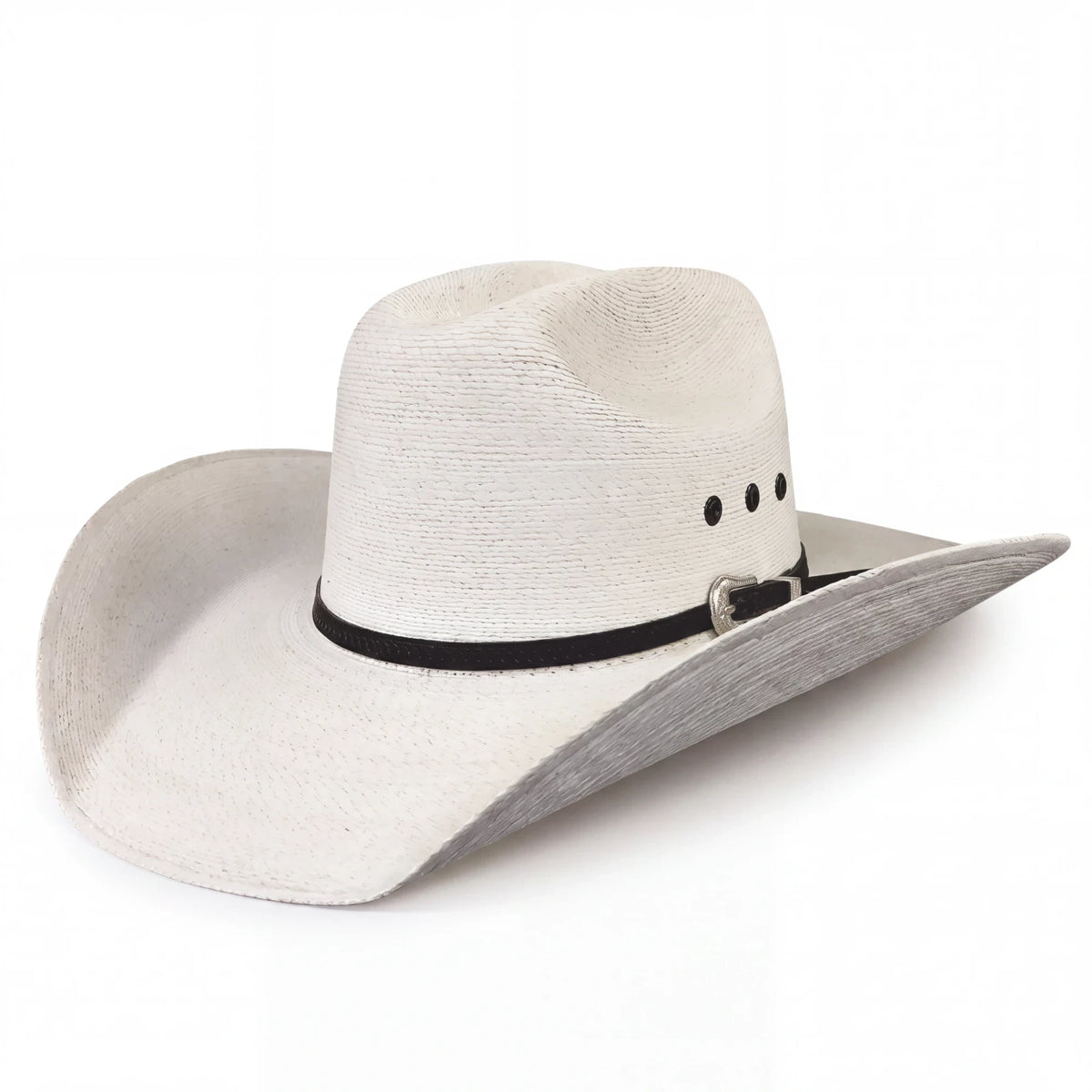 Spirit Warrior Provisions cream fine palm cattleman cowboy hat with black leather band and oval concho detail