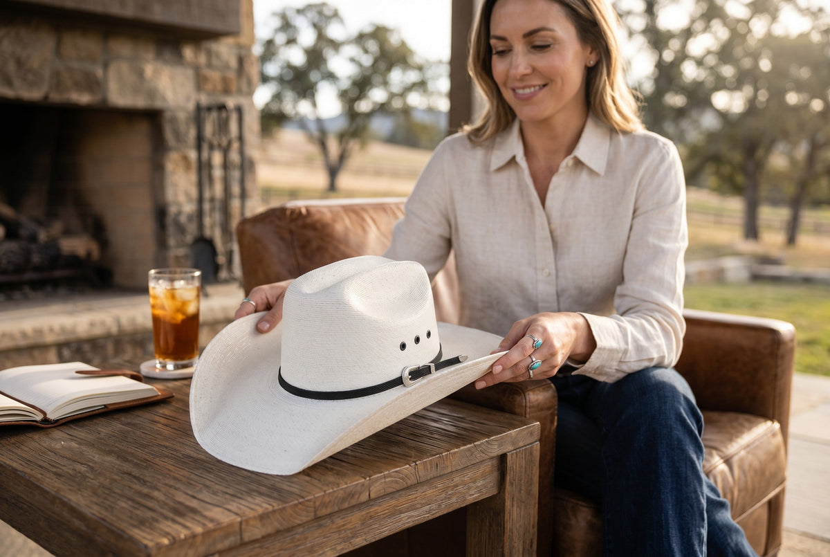 Spirit Warrior Provisions cream palm vaquero cowboy hat with black leather band and concho detail held by a woman