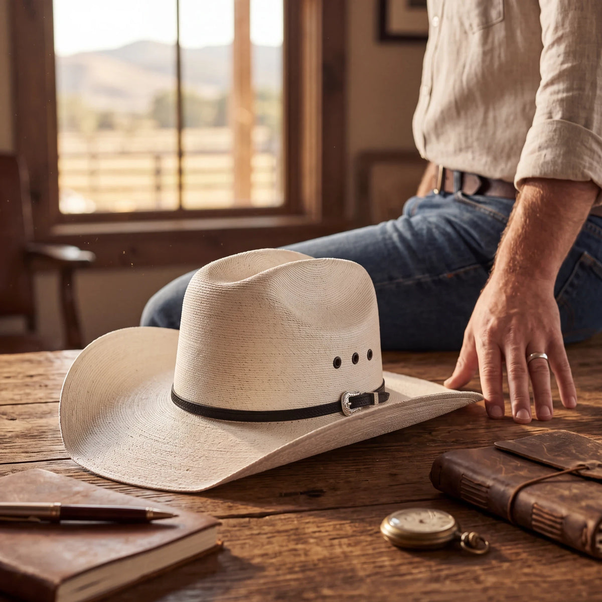 Spirit Warrior Provisions cream palm cowboy hat with black leather band and concho detail on a rustic wooden table.