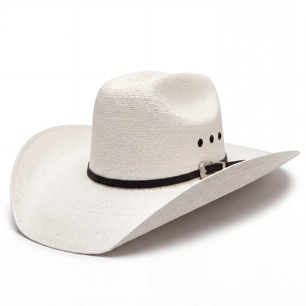 Spirit Warrior Provisions cream fine palm vaquero cowboy hat with a black leather headband and silver concho detail.