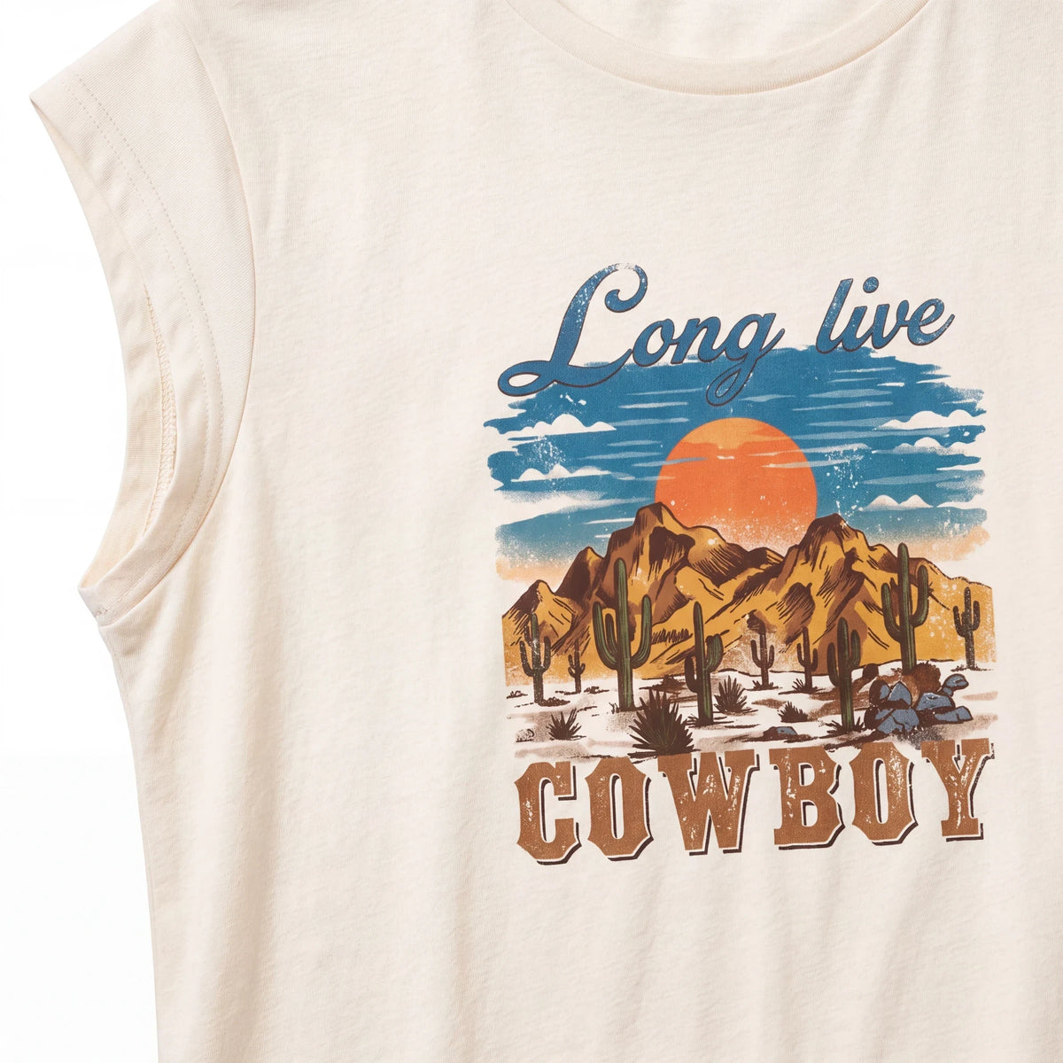 Spirit Warrior Provisions cream cotton sleeveless graphic t-shirt with vintage desert rodeo sunset print