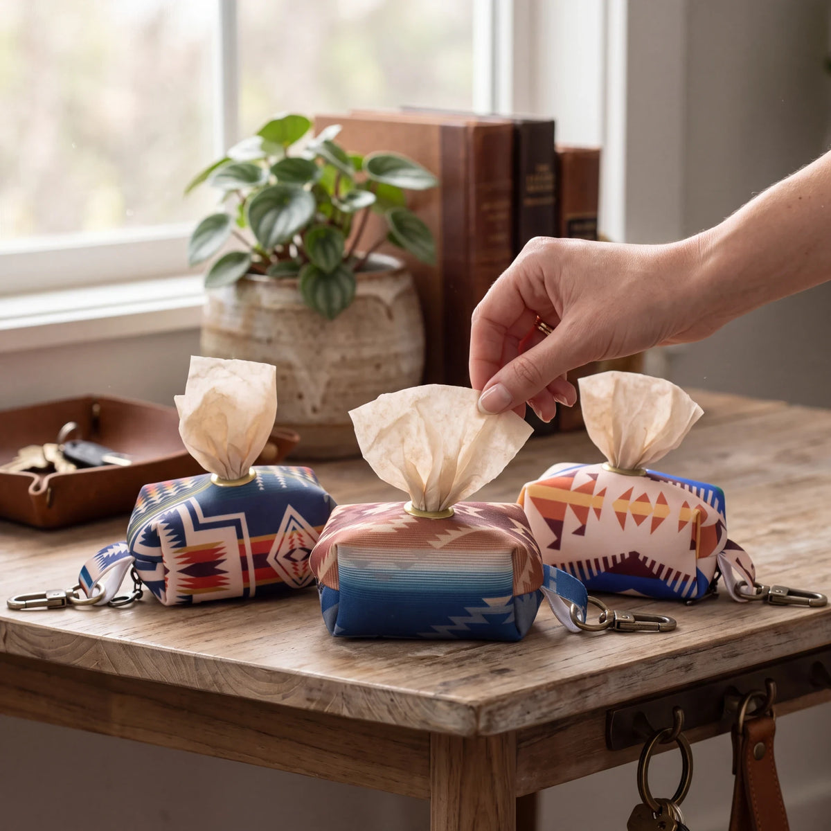 Spirit Warrior Provisions portable dog waste bag dispensers with colorful geometric patterns on a wooden table