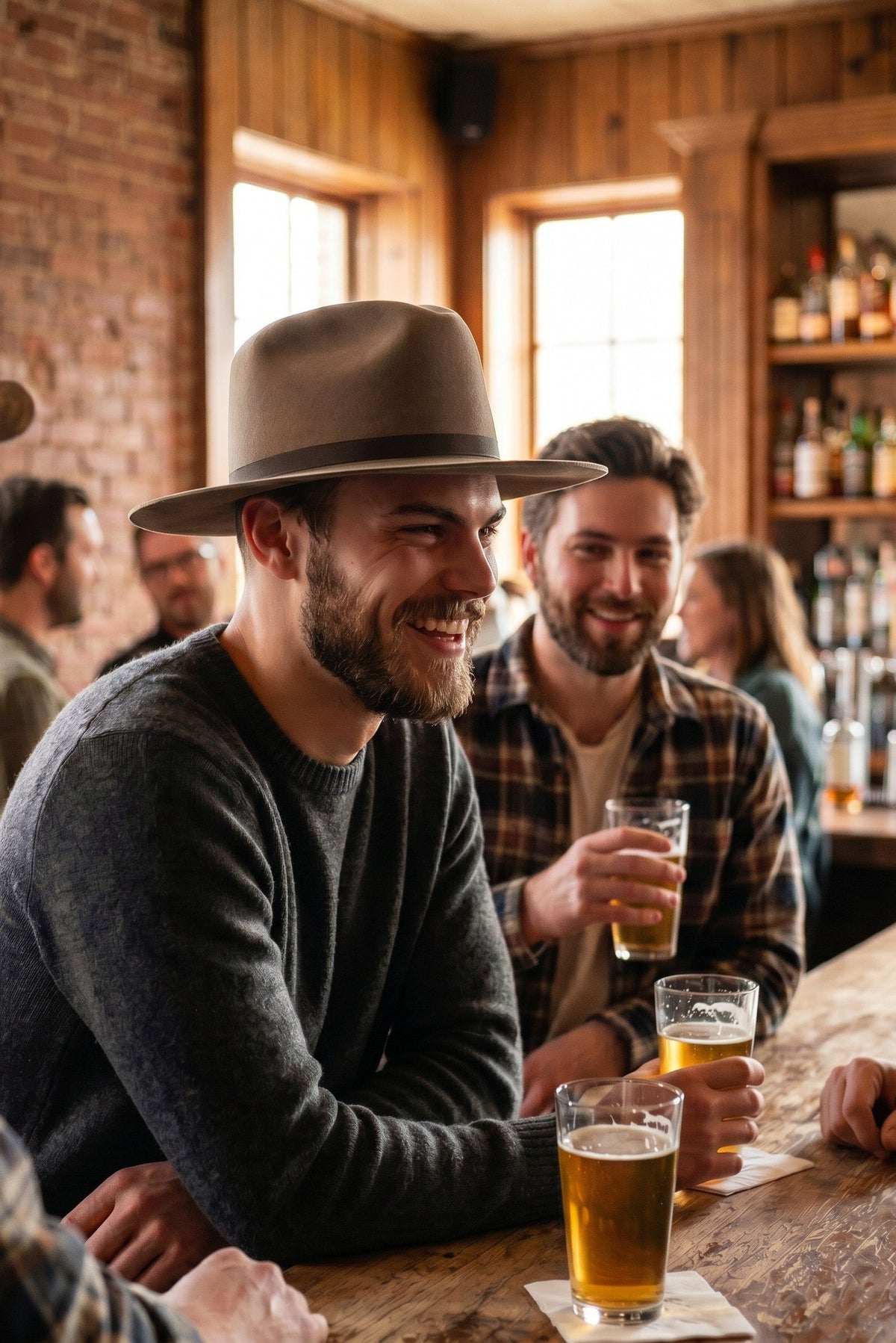 Spirit Warrior Provisions fine felt cattleman cowboy hat in fawn worn by a smiling man in a rustic bar setting