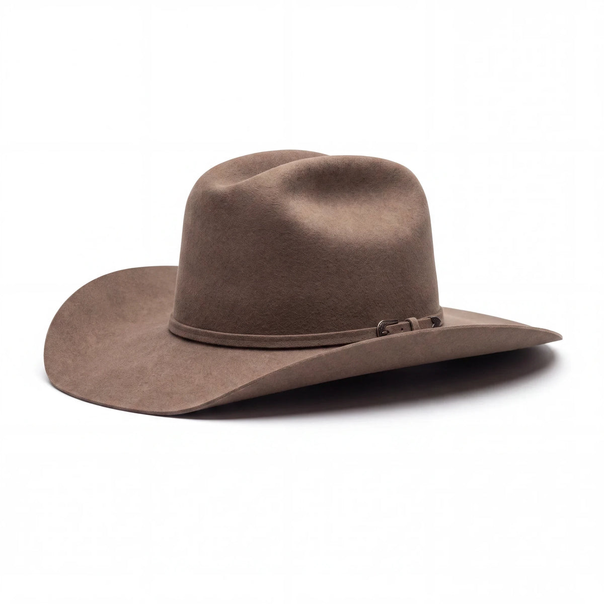 Spirit Warrior Provisions fawn felt cattleman cowboy hat with a 3-inch brim and matching hatband on a white background.