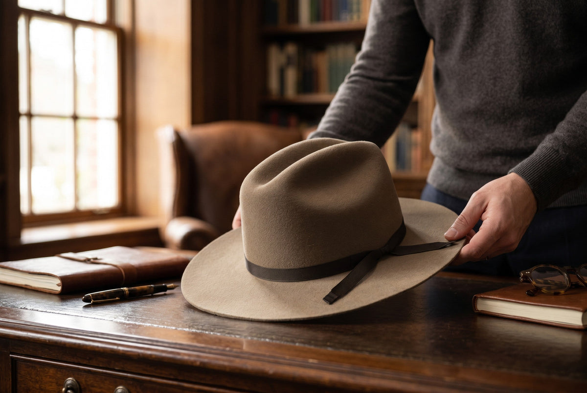 Spirit Warrior Provisions fawn felt cattleman cowboy hat with a brown ribbon hatband held by a person in a study.