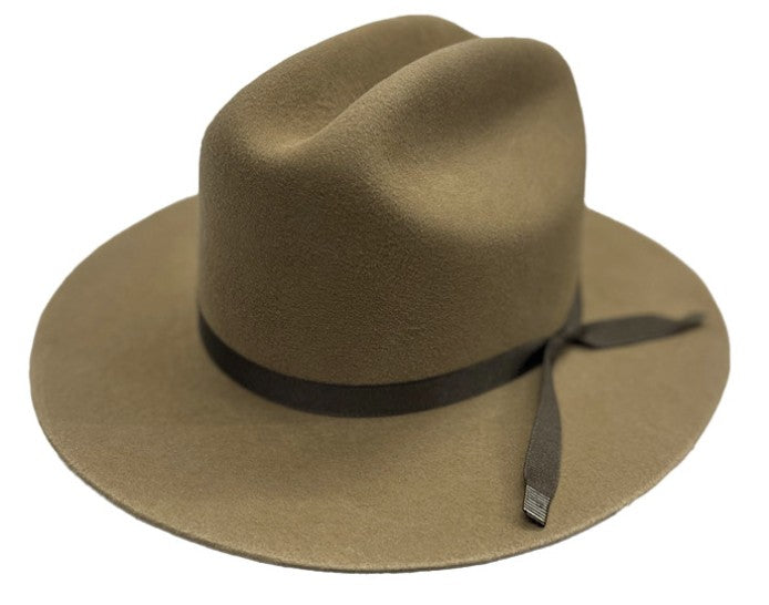 Spirit Warrior Provisions fawn felt cattleman cowboy hat with a 3-inch brim and brown grosgrain ribbon hatband