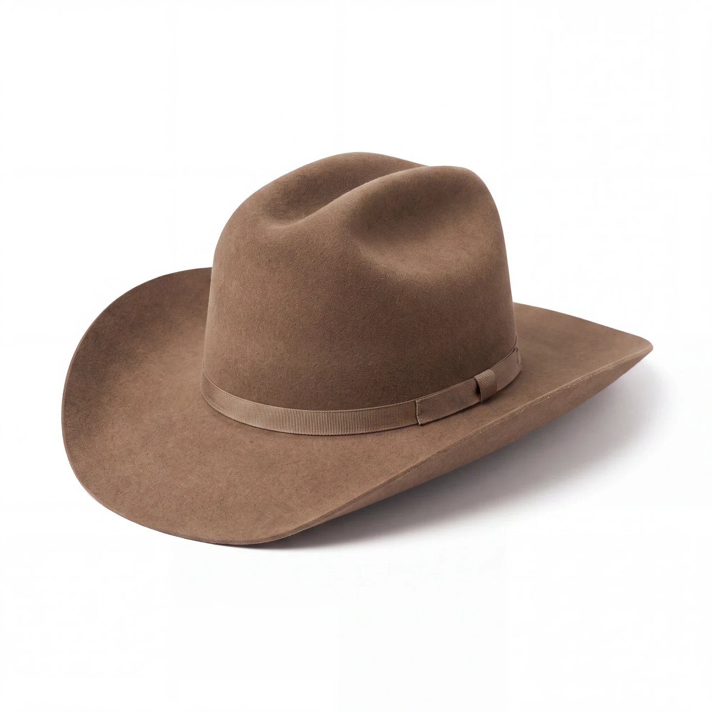Spirit Warrior Provisions fawn felt cattleman cowboy hat with a 3-inch brim and a brown grosgrain ribbon hatband.