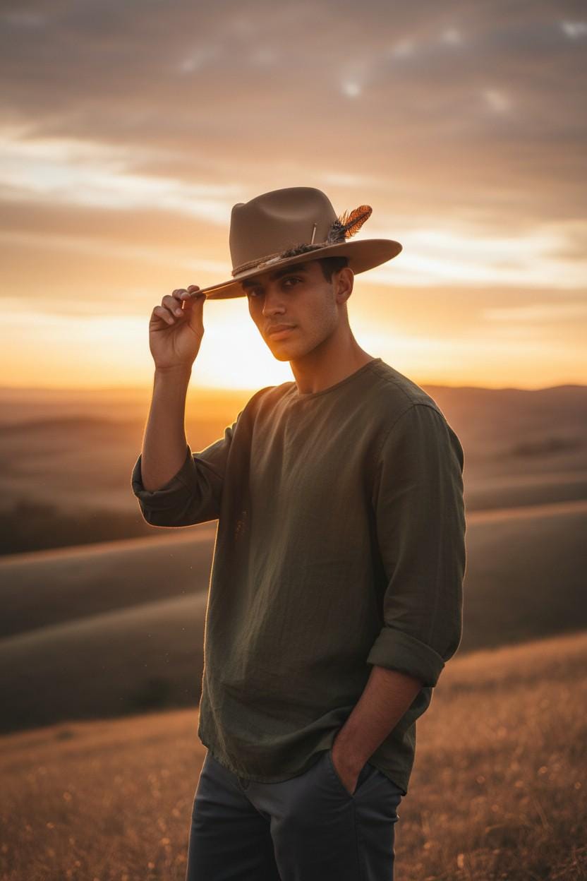 Spirit Warrior Provisions fawn wool felt Western hat worn by a man in a field at sunset with a feather hatband detail