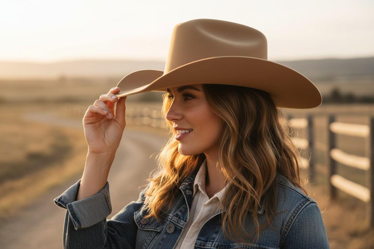 Woman wearing a Spirit Warrior Provisions fawn 6X wool felt Western hat with a wide brim in a golden hour field