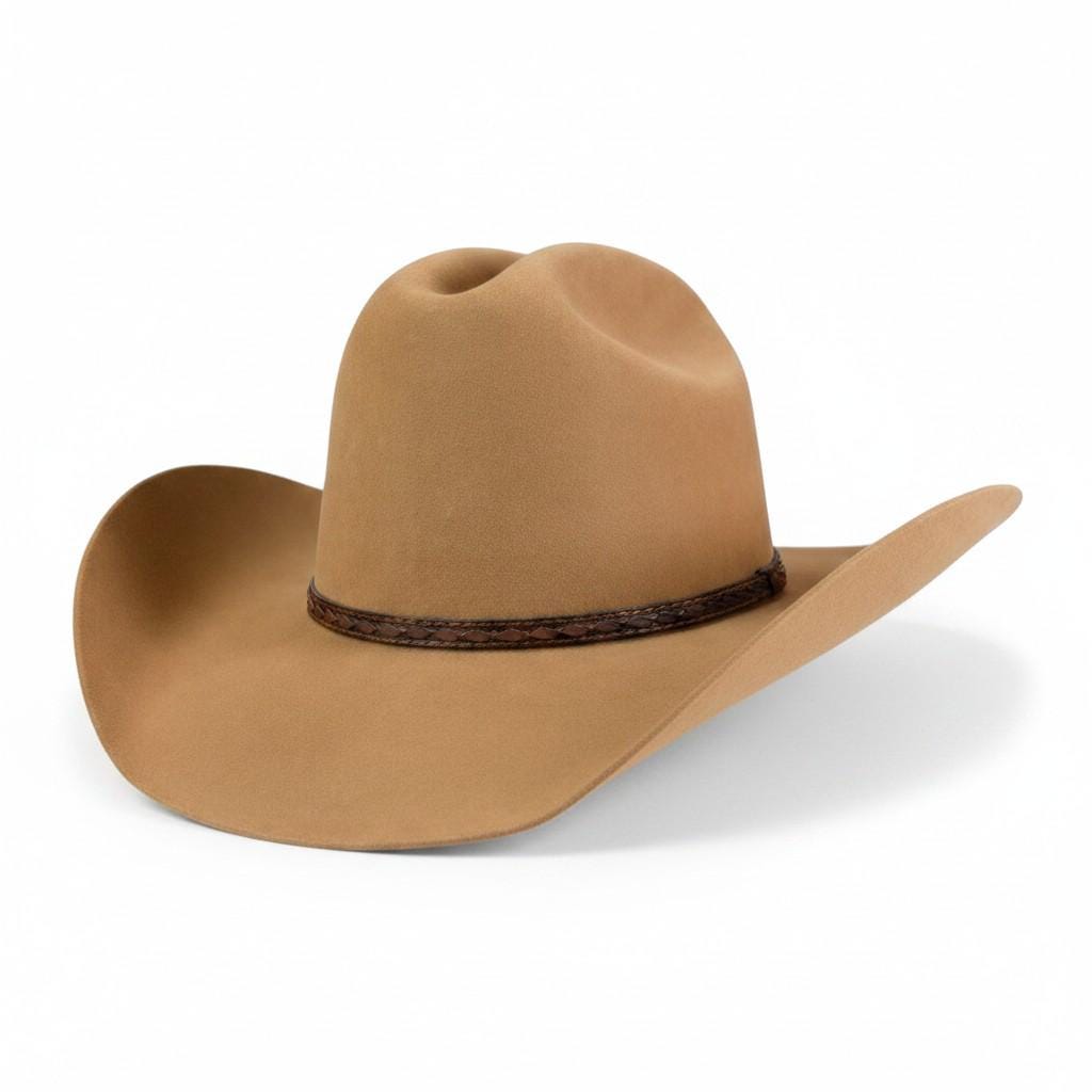 Spirit Warrior Provisions fawn 6X wool felt Western hat with a two-tone brown leather braided hatband