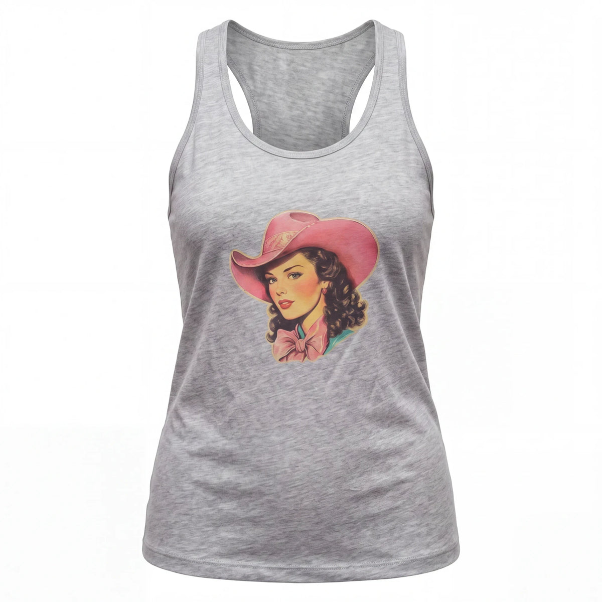 Spirit Warrior Provisions grey cotton racerback tank top featuring a vintage cowgirl graphic with a pink cowboy hat.