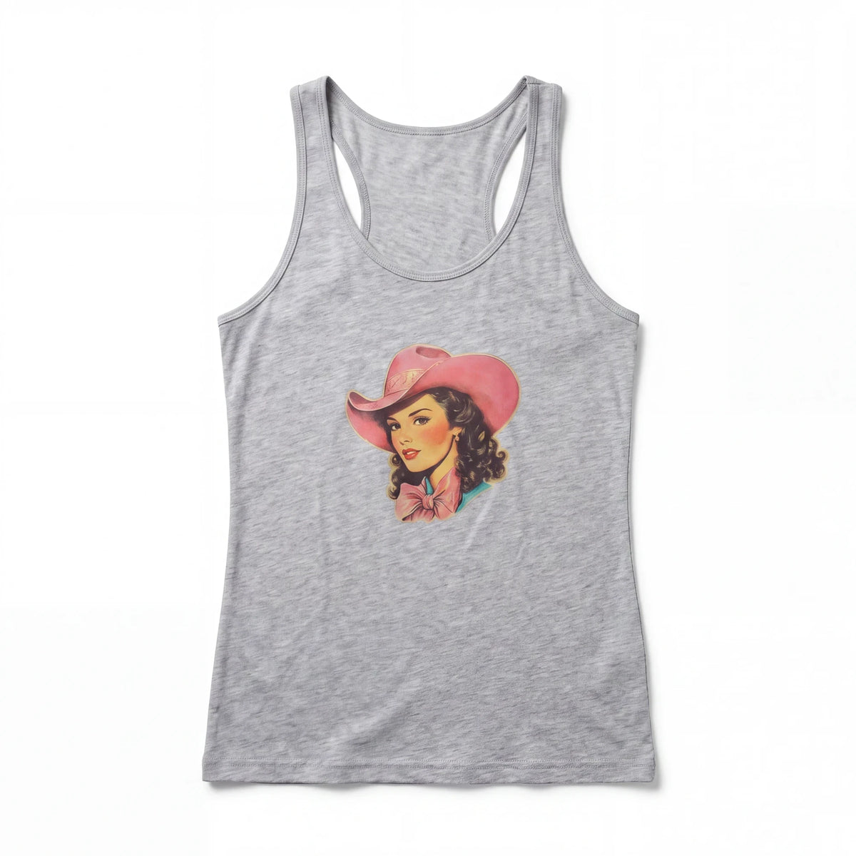 Spirit Warrior Provisions grey cotton racerback tank top featuring a vintage cowgirl graphic with a pink cowboy hat.