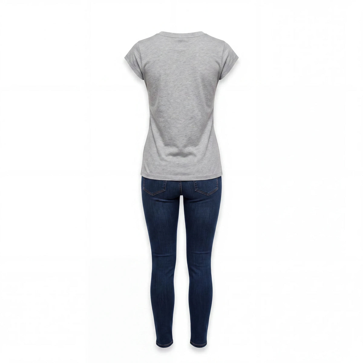 Spirit Warrior Provisions grey cotton t-shirt paired with dark blue skinny jeans, back view of casual western outfit.