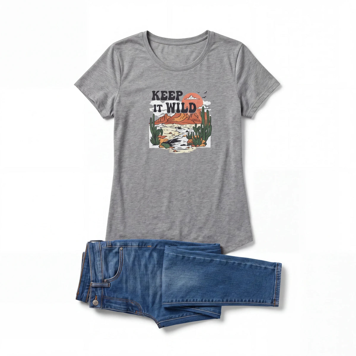 Spirit Warrior Provisions grey cotton t-shirt with Keep It Wild desert rodeo graphic paired with blue denim jeans