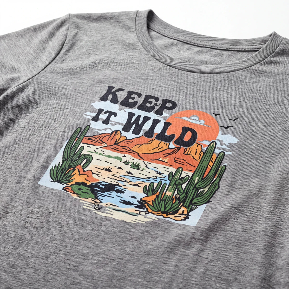 Spirit Warrior Provisions grey cotton t-shirt featuring a vintage Western desert graphic with Keep It Wild text