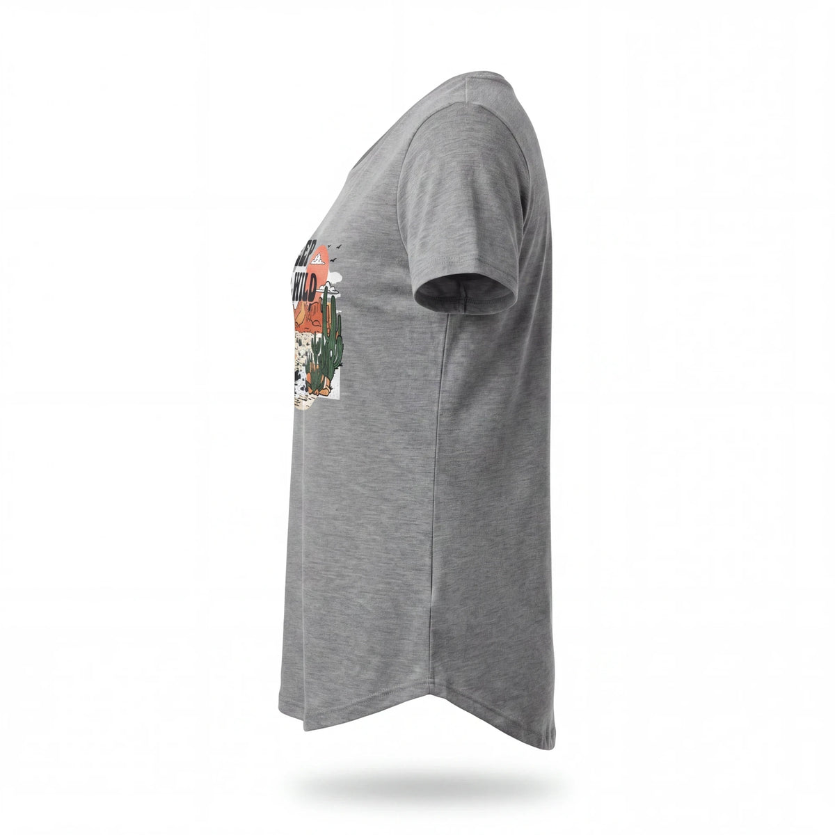 Spirit Warrior Provisions grey vintage-style cowgirl graphic t-shirt with a desert rodeo print, side view
