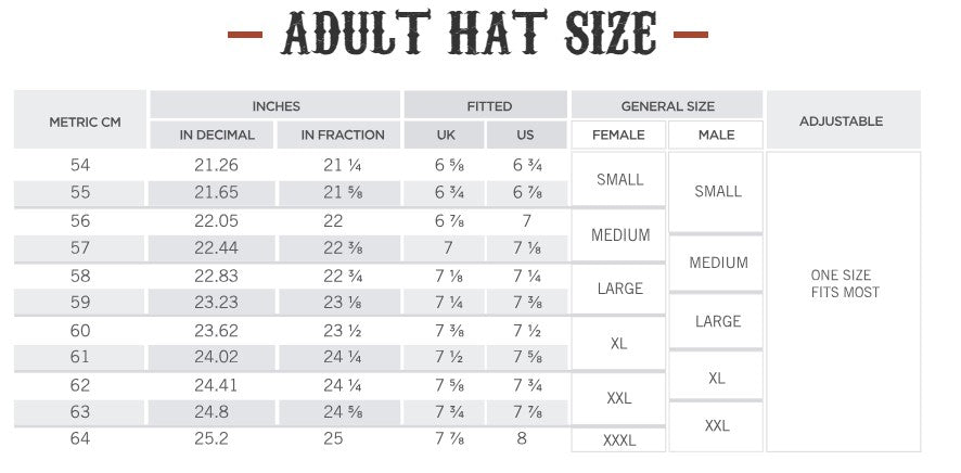 Spirit Warrior Provisions adult hat size chart showing metric, inch, UK, US, and general sizing conversions.