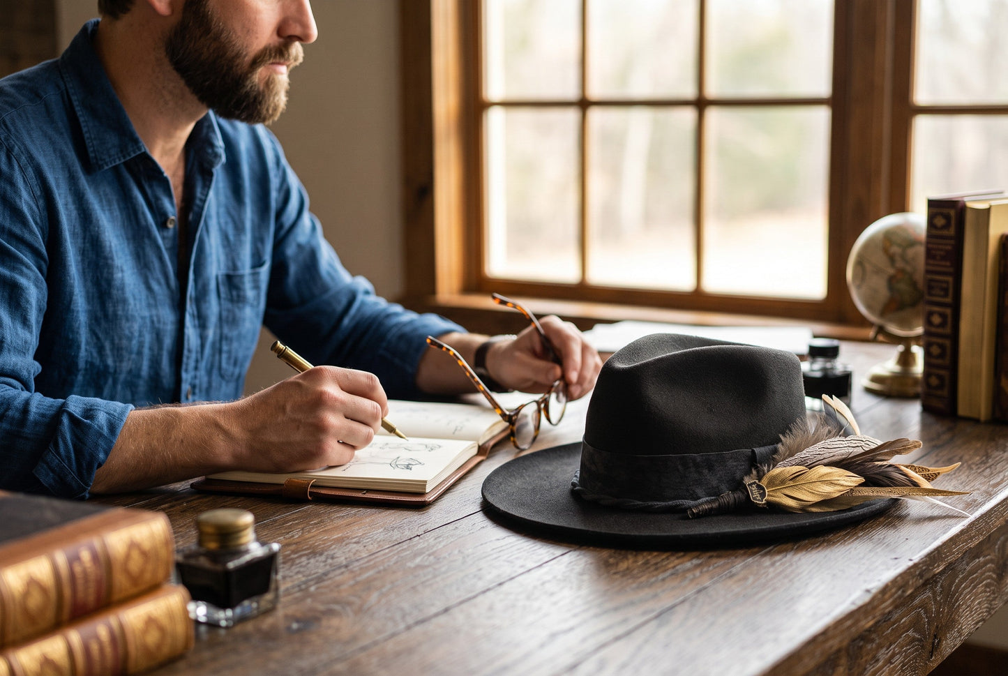 Spirit Warrior Provisions Luna Negra black felt pinch front hat with feather detail on a wooden desk by a window