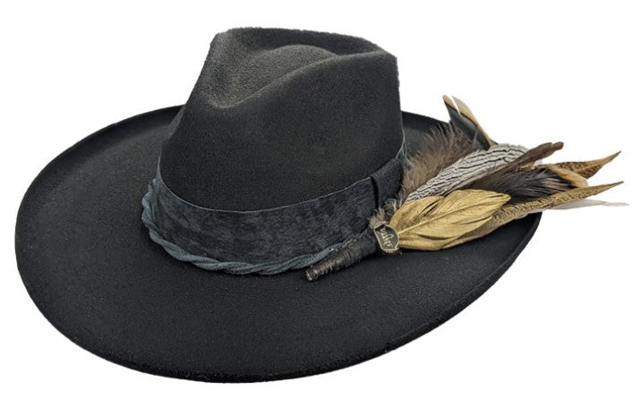 Spirit Warrior Provisions Luna Negra black felt hat with pinch front, braided leather band, and feather accent.