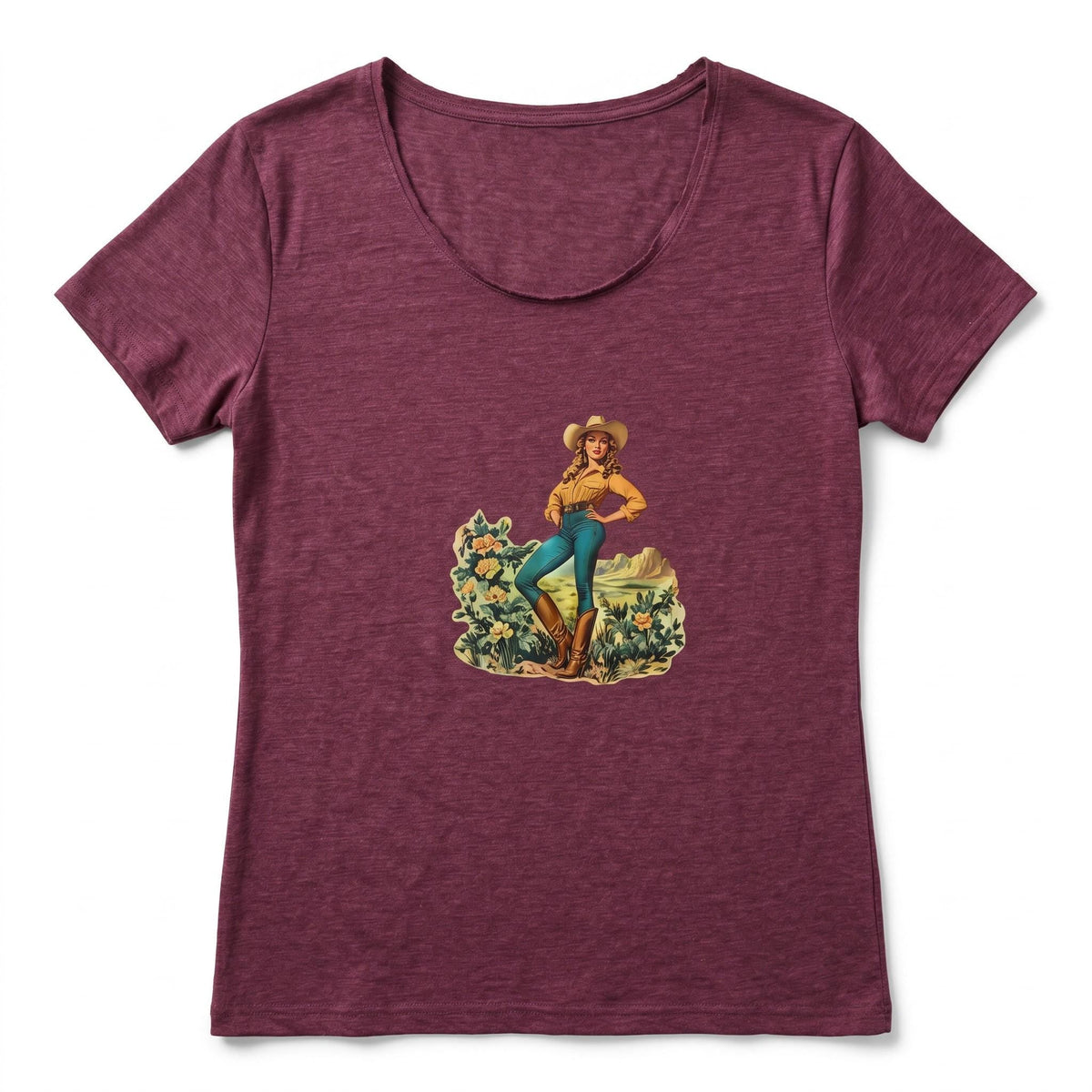 Spirit Warrior Provisions maroon cotton t-shirt featuring a vintage cowgirl graphic in a desert rodeo scene.
