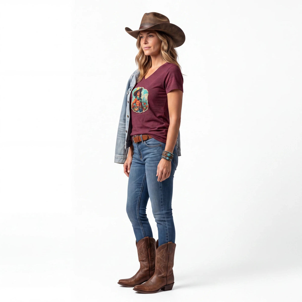 Spirit Warrior Provisions vintage cowgirl graphic tee in maroon cotton worn with jeans, cowboy hat, and boots.