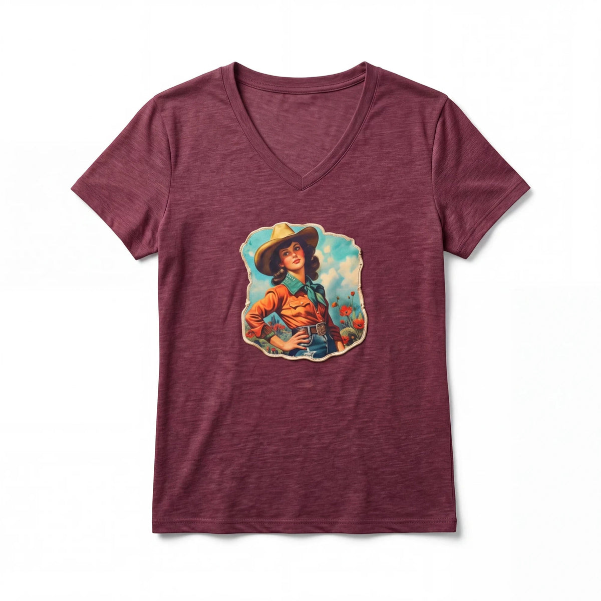 Spirit Warrior Provisions maroon V-neck cotton t-shirt featuring a vintage cowgirl rodeo graphic print.