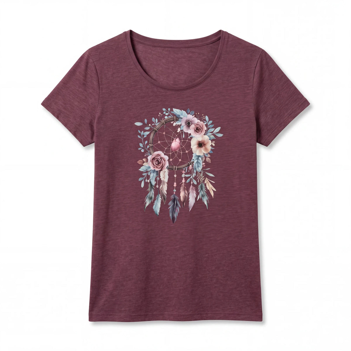 Spirit Warrior Provisions maroon cotton t-shirt featuring a rustic dreamcatcher graphic with flowers and feathers.