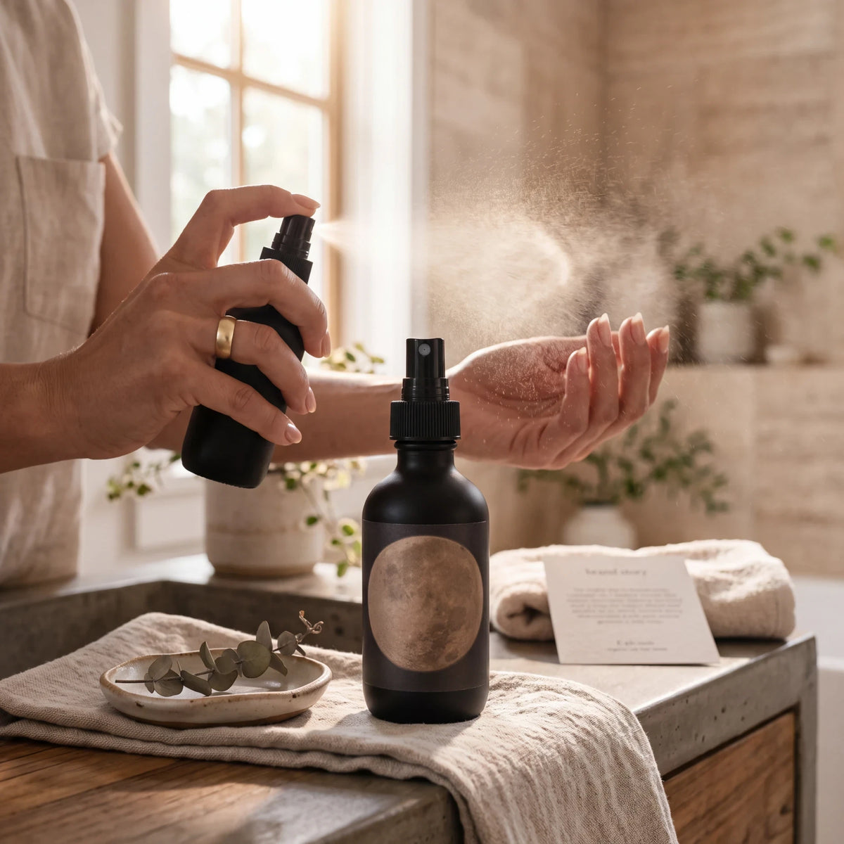 Spirit Warrior Provisions Moon Water smudge spray misting in a bright bathroom for energy and spiritual purification