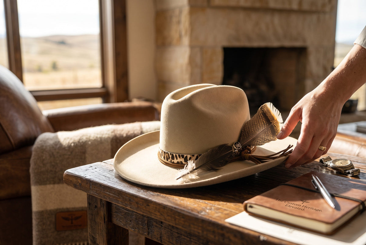 Spirit Warrior Provisions Ocelote sand 6X felt cattleman hat with cheetah leather band and feather detail on a table.